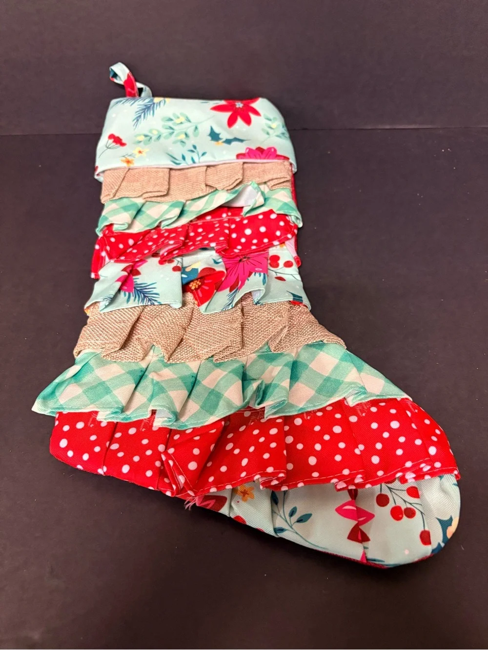 Pioneer Women vintage Ruffled Holiday Stocking - Mint, Red & Tan